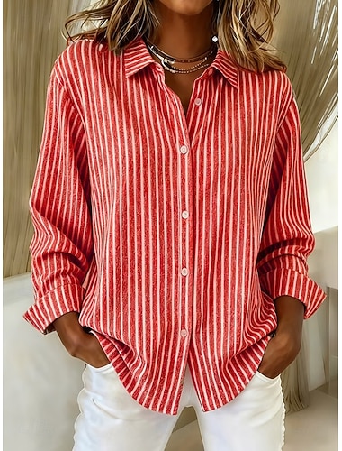  Dámské Košile Halenka Proužky Vinobraní stylové Na běžné nošení Dlouhý rukáv Košilový límec Běžné topy Denní Knoflíky Tisk Rubínově červená Světle hnědá Vodní modrá Oranžová Šedá Jaro Podzim Zima