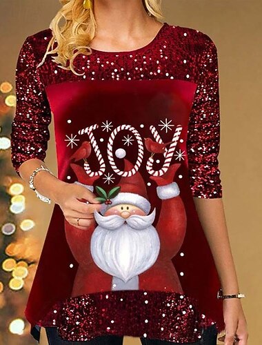  Christmas Women's Shirt Graphic Snowflake Elegant Vintage Party Long Sleeve Crew Neck Regular Tops Party Evening Wear Evening Party Going out Sequins Print White and Red Green / Red Red Gold Spring
