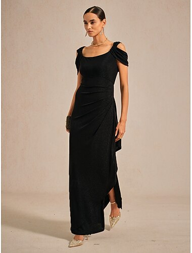  Femmes Robe maxi Robe fourreau Élégant Soirée robe demoiselle d honneur Paillettes Métallique Coupe régulière Couleur Unie Sans manches Bretelle Noir