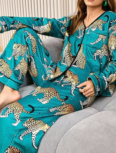  Γυναικεία Πυτζάμες Σαλόνια Σετ Πυτζάμες Ζεστό Μοντέρνα Καθημερινό Λεοπάρ Ελαστική μέση Παντελόνι Σπίτι Καθημερινά Κρεβάτι Μακρυμάνικο Στρογγυλή Ψηλή Λαιμόκοψη Πράσινο του τριφυλλιού Φθινόπωρο Χειμώνας