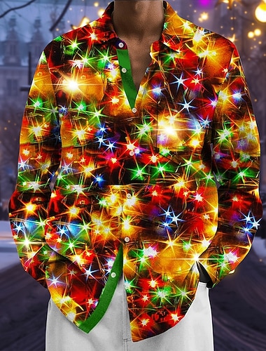  Weihnachten Herren Funkelnder Glitzer Weihnachtslicht Hemd Knopfhemd Langarm Modisch lässig Ferien Frühling Herbst Umlegekragen 3D-Druck Eine Tasche vorne Leinenähnliches Hemd Orange Grün Rosenrot
