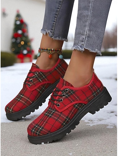  Zapatos Oxford con cordones y estampado de cuadros rojos para mujer, zapatos casuales con estampado de tartán vintage, perfectos para atuendos navideños, moda de invierno y reuniones festivas.