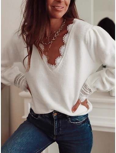  Жен. Вязаная ткань Элегантный стиль Винтаж Мода V-образный вырез Кружева Длинный рукав Обычные топы Вязать Повседневные Праздники Свидание Белый Осень Зима
