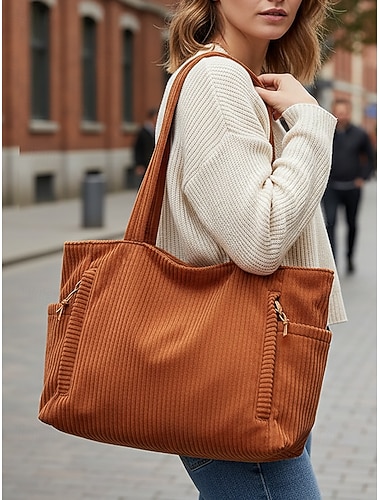  Cord-Tragetasche für Damen, lässige Vintage-Schulterhandtasche mit großem Fassungsvermögen, leichte Einkaufs-, Reise- und Arbeitstasche für Damen