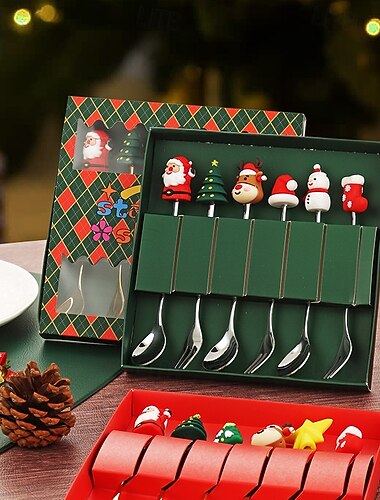  6-osainen joululusikka- ja haarukkasetti ruostumattomasta teräksestä valmistettu joulukuusi tee kahvi jälkiruoka jäätelöastiasto luova ruokailuvälinelahja kotiin lomajuhliin