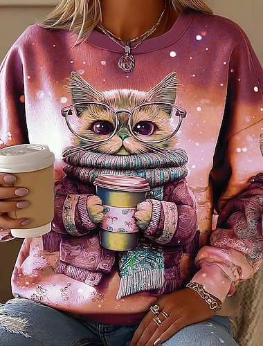  Dame Gensere Grafisk Dyr Katt Fritid Langermet Crew-hals Vanlige topper Gate Hverdag Avslappet Trykt mønster Rosa Lilla Brun Grønn Vår Høst Vinter
