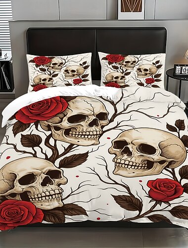  Conjunto de capa de edredom de 3 peças com estampa de caveira e flor de rosa para cama queen size, capa de edredom curta e macia com 2 fronhas – roupa de cama luxuosa para quarto de hotel,