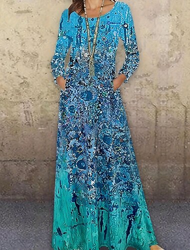  Жен. длинное платье платье макси Повседневное платье Цветочное платье Платье с принтом Современное на открытом воздухе Отпуск Повседневные Стандартный Цветочный принт Длинный рукав Вырез под горло