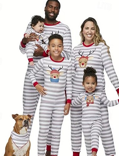  Familie Uite Crăciun Pijamale de familie de Crăciun Pijamale Seturi de familie Grafic Dungi Cerb Casă Imprimeu Alb Manșon Lung Zilnic Tinute potrivite