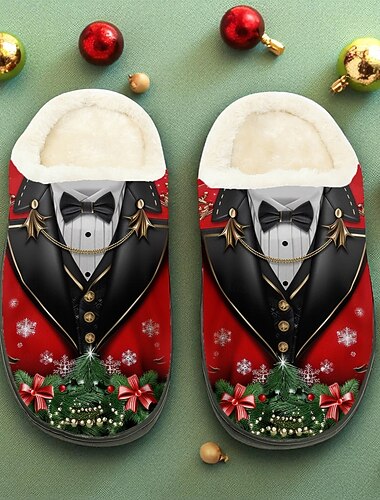  Herretøfler med julesmokingtrykk – klassisk smokingdesign, tøfler med loddent fôr for menn, høytidstema til julefester, avslapning og julegaver