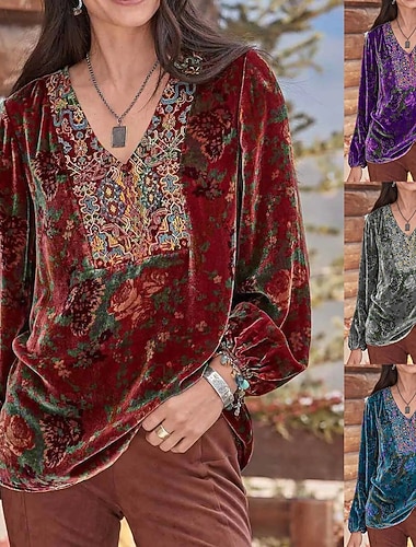  Karácsonyi Női Velúr Blúz Virágos Vintage Hétköznapi Hosszú Ujjú V Nyak Normál Felsők Hétköznapi Hímzett Nyomtatás Sárga Piros Kék Lila Szürke Tavasz Ősz Tél