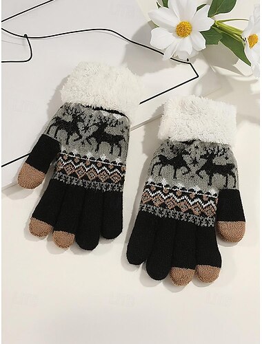  Julhandskar med pekskärm för damer, mysig stickad design med snöflinga- och älgmönster, mjuk fleecemanschett, perfekt för högtider och vinterkläder