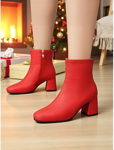  Rode enkellaarsjes met hoge hak voor dames met ritsdetail, elegant ontwerp met dikke hak, perfect voor kerstfeestjes, feestdagen en dagelijks gebruik