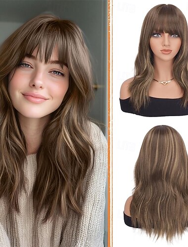  Braune Perücken mit Pony – 48 cm lange, natürlich gewellte, hitzebeständige Kunsthaarperücken in mittellanger Länge für Damen, ideal für Alltag und Partys, blond-braun gemischt.