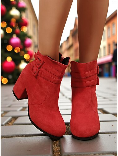  Røde ankelstøvletter i semsket skinn til dame med dobbel spenne og kraftig hæl, stilige og koselige, perfekte til jul, vinterutflukter og høytidsfester