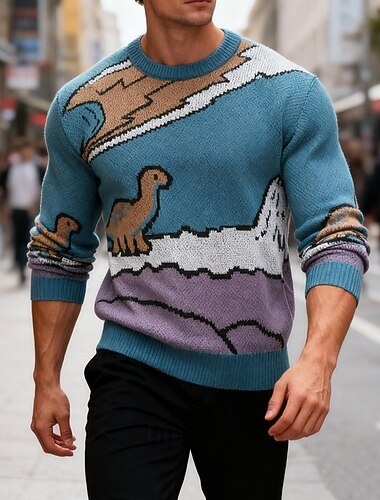  Homme Pull Pull Tricoté Côtelé Tricoter Hauts Réguliers Tricoté Dinosaure Col ras du cou Mode Basique Vacances Tenue quotidienne Vêtement Tenue Automne Hiver Bleu clair S M L