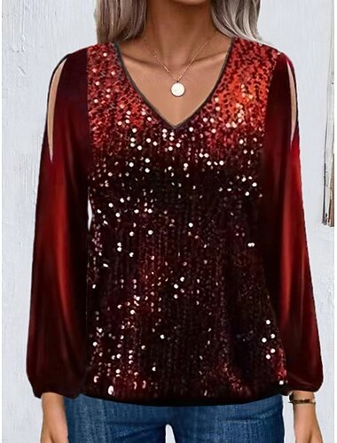  Blusa Listra Sólida de Natal para Mulheres Moda Casual Estilosa Manga Longa Gola em V Tops Diários Lantejoulas Retalhos Vinho Verde Cinza Primavera Outono Inverno