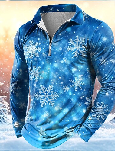  عيد الميلاد المجيد رجالي ندفة ثلجية قمصان بولو بسحاب كم طويل قمصان البولو Lapel كاجوال الأماكن المفتوحة مناسب للعطلات ملابس المهرجان طباعة ثلاثية الأبعاد الربيع الخريف الشتاء أزرق بحيري أحمر أزرق