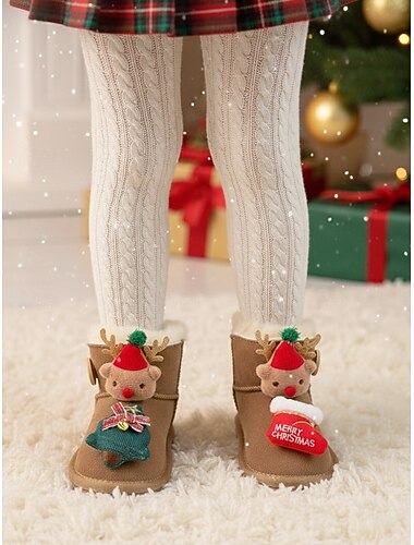 Botas de pelúcia natalinas infantis com decorações de renas e Papai Noel - festivas e aconchegantes para looks de Natal, perfeitas para o dia de Natal e diversão no inverno.   Botas de pelúcia natalinas infantis com decorações de renas e Papai Noel - festivas e aconchegantes para looks de Natal, perfeitas para o dia de Natal e diversão no inverno.