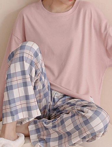  Per donna Pigiama Abbigliamento da Casa Set Pigiama Casual Griglia / Plaid Elastico in vita Pantalone Vacanza Casa Manica Lunga Girocollo Rosa Blu Verde Autunno Inverno Vestibilità regolare