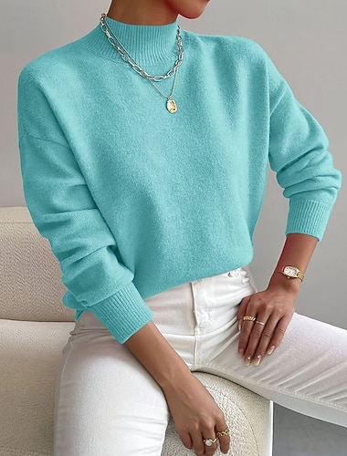  女性用 ニット プルオーバー ファッション ストリートファッション カジュアル 純色 モックネック ニット 長袖 レギュラートップス ニット 日常 祝日 お出かけ イエロー ピンク 秋 冬