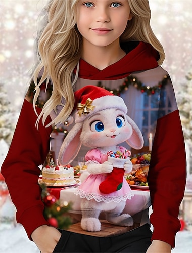  Natal Para Meninas 3D Gráfico Coelho Moletom Manga Longa Outono Inverno Moda Adorável Básico Infantil 4-12 anos Com Capuz Ao ar livre Casual Diário Normal