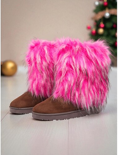  Women's Brown Suede Boots with Fluffy Rose Pink Faux Fur Trim, Cozy Mid-Calf Winter Shoes, Stylish Party & Streetwear Footwear for Fashion-Forward Women