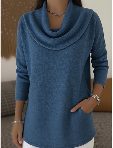  Női Blúz Tömör szín Stílusos Alkalmi Hosszú ujj Kámzsanyak Normál felsők Napi Fodrozott Zseb Rubin Medence Barna Tavasz Ősz Tél