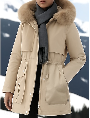  Női Anorák Kényelmes Légáteresztő Cipzár Zseb Szőrme gallér Alkalmi Sima Vakáció Utca Hétköznapi Hétköznapi viselet Cipzár Szokványos Kapucni Normál Hosszú ujj Felsőruházat Fekete Fehér Khakizöld