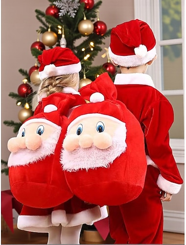  Juleryggsekk i plysjstil for barn med mykt pelsskjegg og pomponger – morsom gavepose til julefester og festlige feiringer