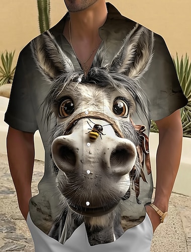  Miesten Eläin Ampiainen Aasi Paita Button Up paita Lyhythihainen Hauska ulko- Rento / arki Kesä Kevät Sänkyjen avaus 3D-tulostus kauluspaidat Edessä yksi tasku Harmaa