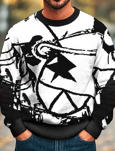  בגדי ריקוד גברים גיאומטרי סוודר סוודר סריגים צווארון צווארון יום יומי חופשה רחוב יומי הדפסת תלת מימד סריגה Keep Warm שרוול ארוך אביב סתיו חורף שחור א שחור ב