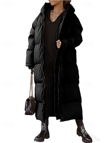  نسائي معطف شتوي أسفل معطف الدفء مريح سحاب جيب كاجوال سهل عطلة فضفاض مناسب للبس اليومي مناسب للخارج طويلة مع قبعة عادي كم طويل ملابس خارجية أسود أزرق جمل الخريف الشتاء