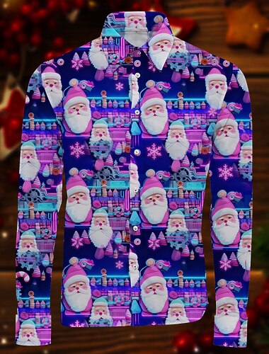  Święta Długie rękawy Koszula zapinana na guziki Święty Mikołaj Graficzny Zabawne Zabawny na Męskie Dla dorosłych Druk 3D  Do Święta Karnawał Nowy Rok Impreza