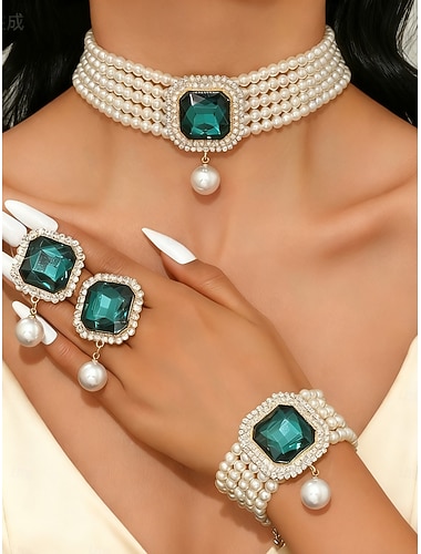  Ensemble de bijoux pour femme en perles et pierres précieuses vertes, 3 pièces, collier ras du cou vintage et bracelet &bague pour fêtes de Noël, cadeaux de vacances &soirées élégantes