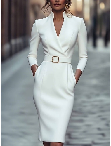 نسائي فستان ميدي فستان ضيق فساتين شبه رسمية المكتب عادي سهل كم طويل V رقبة أسود أبيض أحمر مشمشي الربيع الخريف الشتاء   نسائي فستان ميدي فستان ضيق فساتين شبه رسمية المكتب عادي سهل كم طويل V رقبة أسود أبيض أحمر مشمشي الربيع الخريف الشتاء