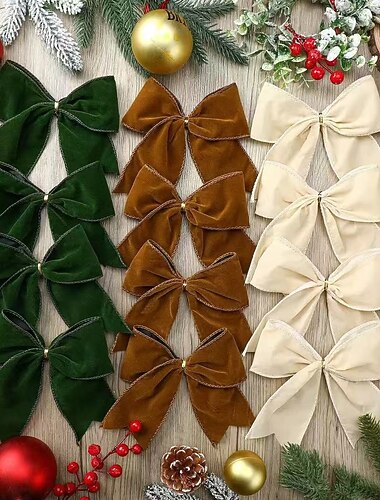  12 stk. julebåndsløyfer julepynt juletrepynt – 6-tommers fløyelssløyfer i rødt, brunt &grønn, rustikk krans og gavebuer, vintage juledekor til juletre, gjør-det-selv-håndverk og innpakning