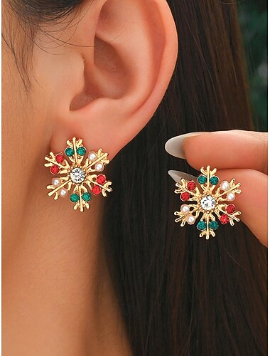  orecchini da donna a forma di fiocco di neve natalizio: materiali in lega e perle sintetiche, pietre festive rosse, verdi e trasparenti, perfetti per feste e regali