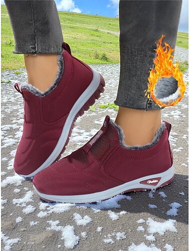  scarpe invernali slip-on da donna color bordeaux con finiture in pelliccia sintetica, stivaletti comodi per il freddo, perfetti per Natale, shopping natalizio e giornate informali
