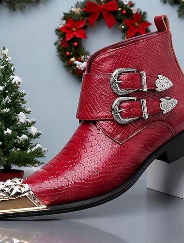  Pánské boty s dvojitou přezkou z červené imitace kůže a krokodýlím potiskem – luxusní společenské boty na vánoční večírky a elegantní večerní akce