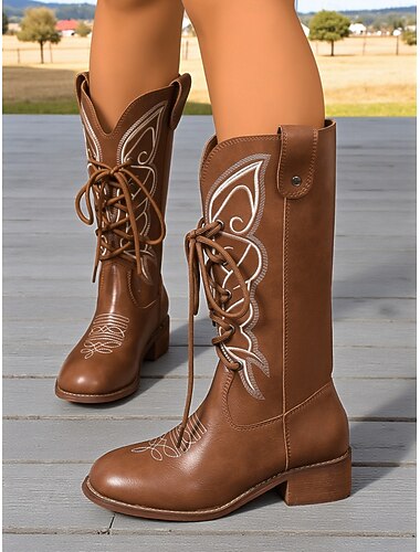  Women's Dark Brown Faux Leather Cowboy Boots with Embroidered Western Pattern, Stylish Mid Calf Boots for Casual Outfits & Country Concerts