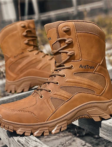  taktiske herrestøvler i brunt kunstskinn med sklisikker såle og pustende konstruksjon, slitesterke utendørs arbeidsstøvler for militære, fotturer og campingaktiviteter