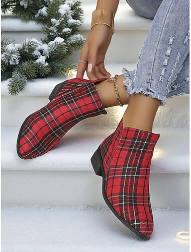  Røde rutete julestøvletter til dame - rød og grønn tartanstil, glidelåslukking, stilig og komfortabelt julesko til julefester og sammenkomster