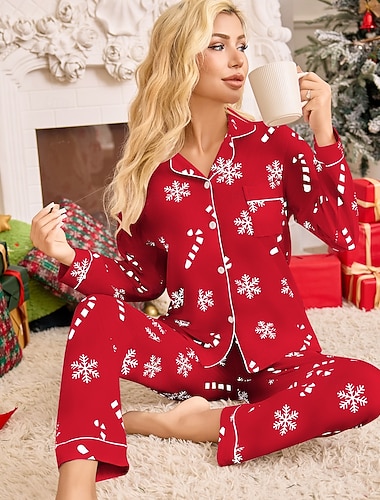  Weihnachten Damen Schneeflocken Schlafanzüge Loungewear Schlafanzug Set Warm Mode Sport Grafik Knopfverschluss Urlaub Zuhause Langarm Revers Weiß Rot Grün Frühling Herbst Winter