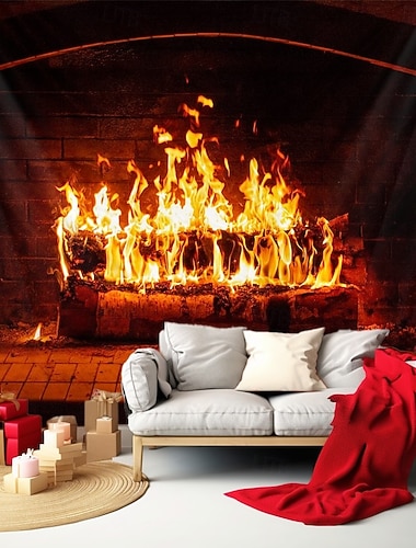  vánoční závěsná tapiserie útulný krb s plameny teplá sváteční dekorace velké nástěnné umění nástěnná malba výzdoba deka záclona domov ložnice obývací pokoj slavnostní sezónní zimní sváteční ozdoba
