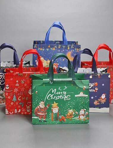  6-teilige multifunktionale Weihnachtstaschen aus Vliesstoff zum Verpacken von Geschenken und Einkäufen – Leckerli-Taschen mit Griffen für Weihnachtspartys