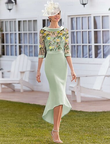  Русалка Платья Асимметричное Ниже колена Платье для вечеринки Коктейльные платья Рукав до локтя Круглый вырез Элегантный стиль Винтаж Официальные Свадебный гость Эластичная ткань