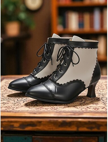  stivaletti alla caviglia da donna in stile vittoriano con lacci e tacco basso, stivaletti bicolore in bianco e nero in stile edoardiano anni 1900-1910, scarpe vintage steampunk gotiche per cosplay,