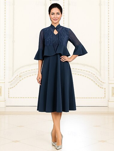  To Deler A-Line Kjole Sett Te Lengde Bryllupsgjesterkjole Mor til bruden kjole 3/4 Lengde Ermer V-hals Høy Hals Elegant Vintage Formell med Ensfarget