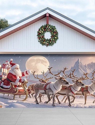  Weihnachts-Garagentorabdeckung, Weihnachtsmann mit Rentier, Skifahren im Mondlicht, großer hängender Hintergrund, Outdoor-Urlaubswandbanner, Hof, Zuhause, festliche saisonale Weihnachtsdekoration